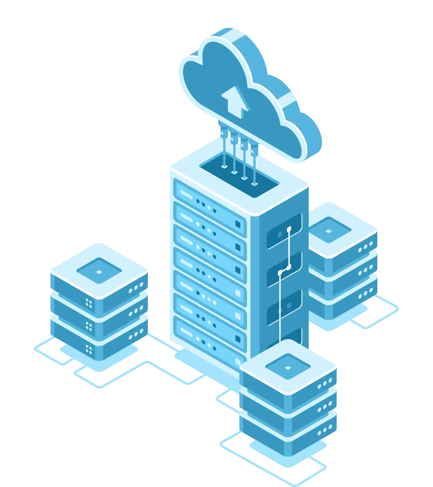 Illustration of a cloud uploading data to multiple server racks