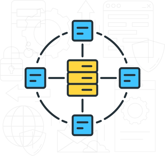 Central server connected to distributed nodes with a gear in the background